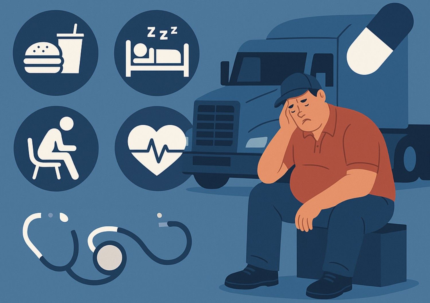 Common health challenges facing transportation professionals: poor diet, irregular sleep, long hours sitting, and cardiovascular risk.